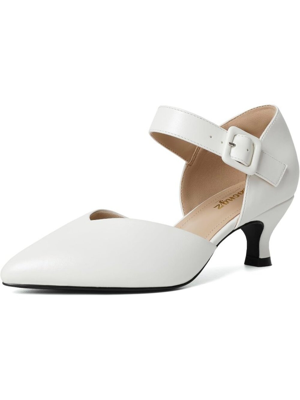 Women's White Closed Pointed Toe Ankle Strap Buckle Heels Slip on Low Heel Shoes